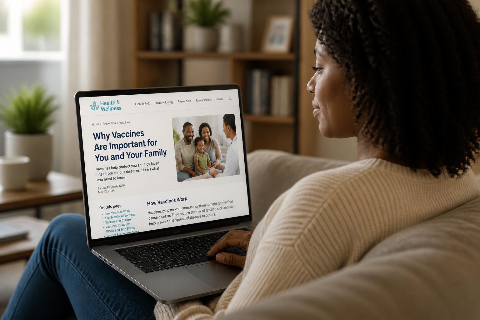 A Black woman reading a trusted health article at home