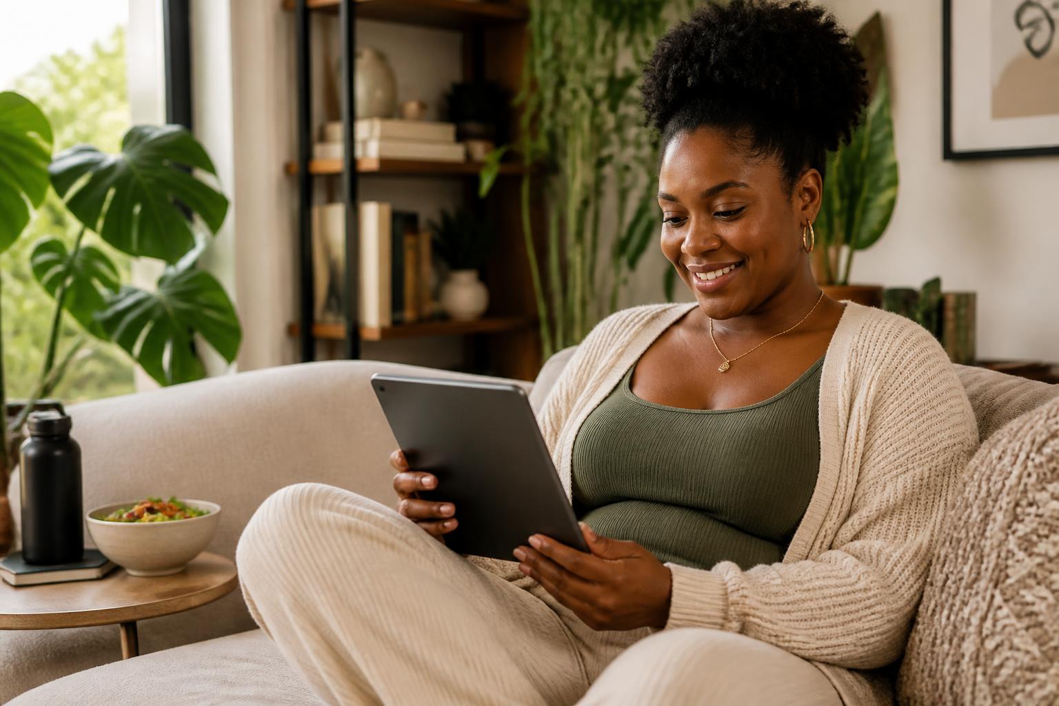 A Black woman reading health information on a tablet at home