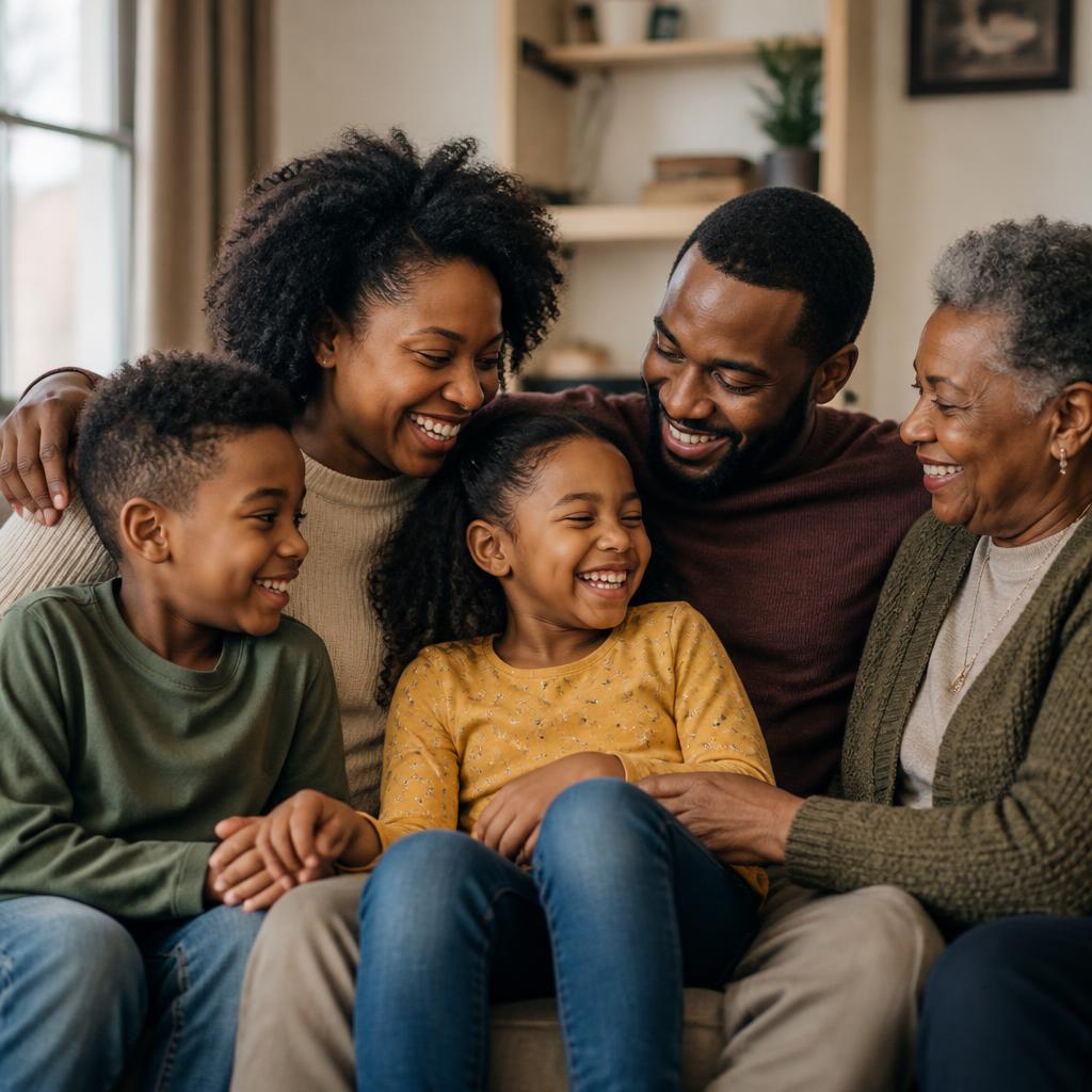 A joyful multigenerational Black family together at home